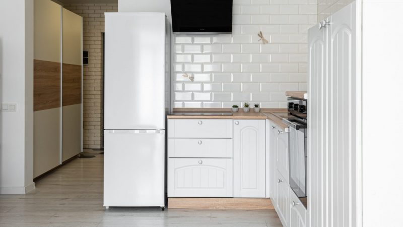 Réfrigérateur d'occasion moderne et économique dans une cuisine épurée et fonctionnelle